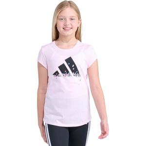 adidas Girls’ Short Sleeve Logo Graphic T-Shirt – Soft Cotton or Cotton Blend Jersey Tee, Ribbed Crewneck(Medium Pink)