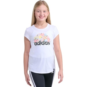 adidas Girls’ Short Sleeve Logo Graphic T-Shirt – Soft Cotton or Cotton Blend Jersey Tee, Ribbed Crewneck(White)