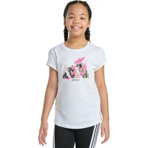 adidas Girls’ Short Sleeve Logo Graphic T-Shirt – Soft Cotton or Cotton Blend Jersey Tee, Ribbed Crewneck(White Multi)